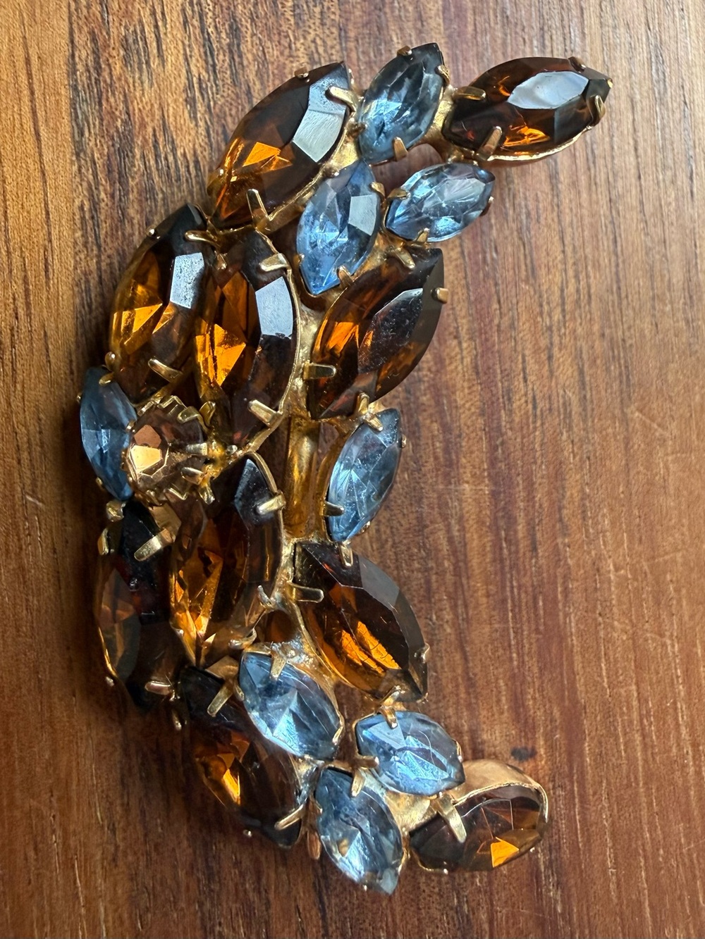 Vintage Amber and Light Blue Rhinestone Leaf Brooch Moon Prong Set Gold Tone